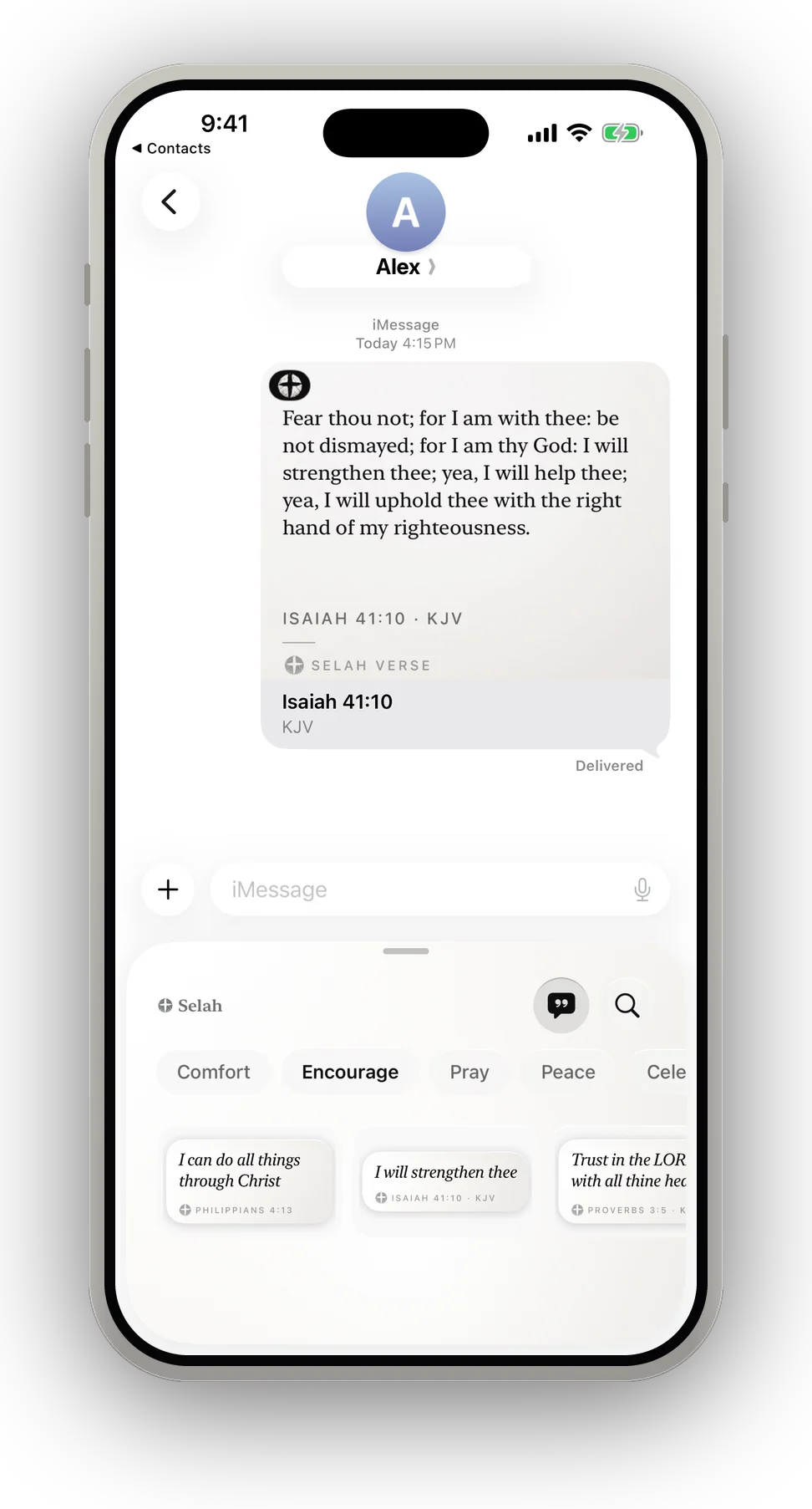 The Selah drawer open inside Messages on its sticker tray, with rows for Comfort, Encourage, Pray and Peace, and short verse stickers ready to place on a message.
