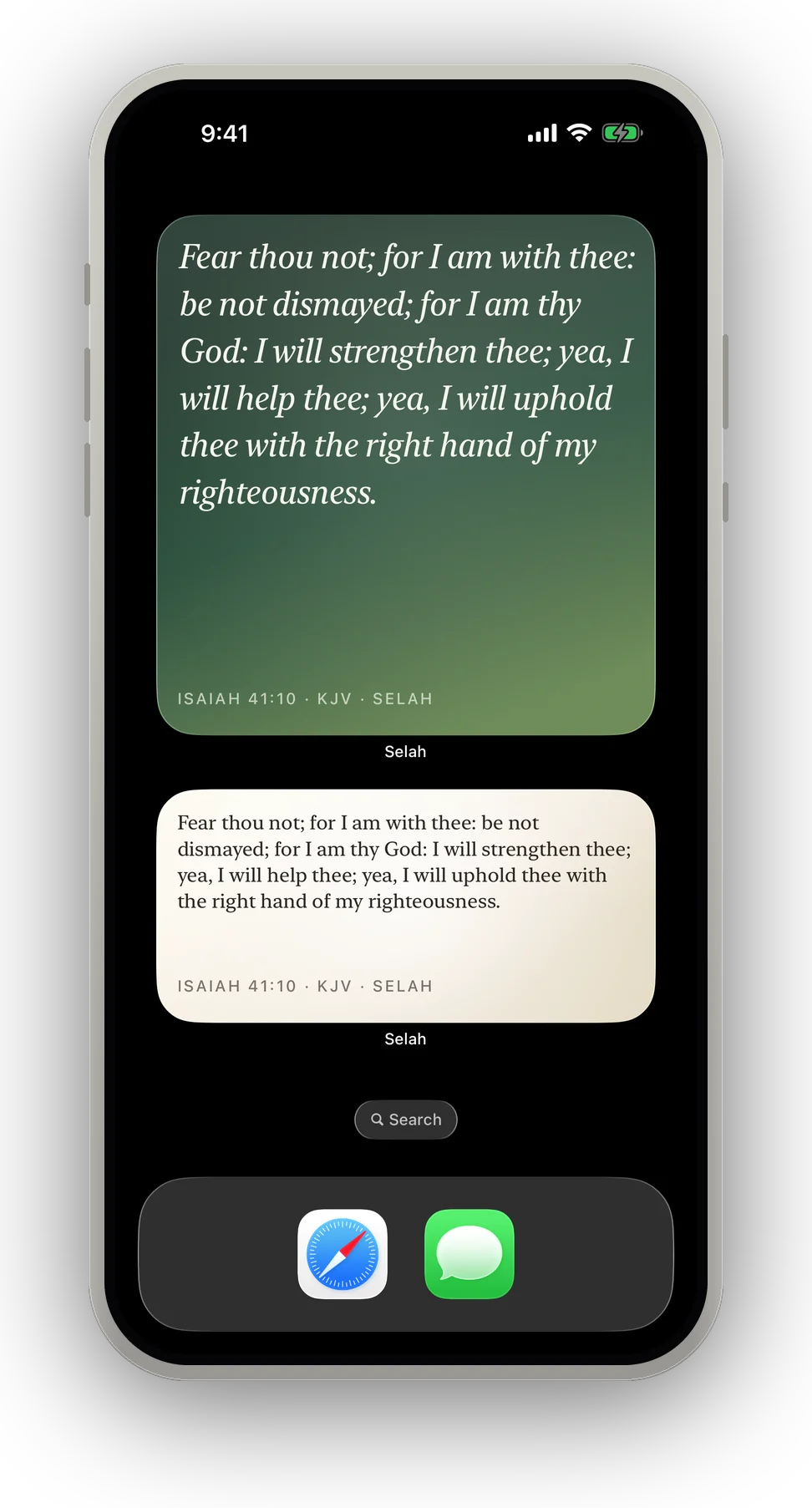 An iPhone home screen with two Selah widgets on it, a large one carrying the whole of Isaiah 41:10 in italic over a green ground and a medium one carrying the same verse on cream, each with its reference and the Selah mark beneath the text.